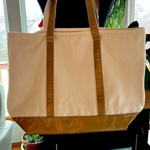 Land's End canvas tote extra large  natural long handle Rose Gold embroidery "R"